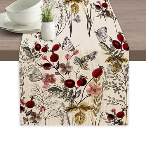 Table Runner Vintage Flower Butterfly Table Runners Summer Seasonal Kitchen Dinning Decor for Indoor Outdoor Holiday Home Wedding Party 13x70 Inch - color: Vintage Flower Butterfly