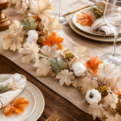 2 Pack Fall Garland with Pumpkins and Berries – 6ft Artificial Maple Leaf Garlands with Cream and Orange Leaves for Thanksgiving, Fireplace, Front Door, Farmhouse Autumn Decorations