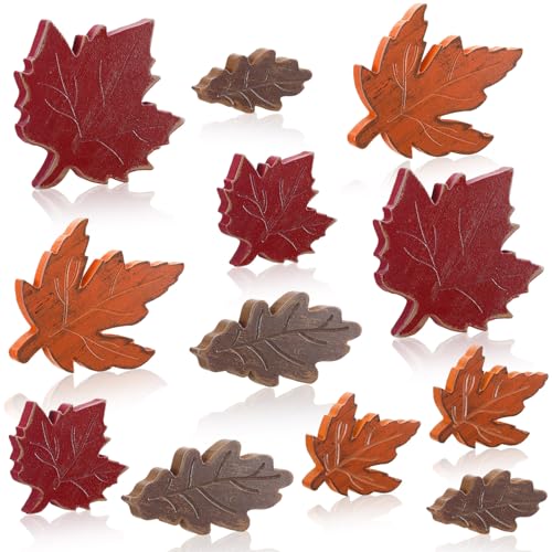 Bencailor 12 Pcs Fall Tiered Tray Decor Wooden Maple Leaf Decor Fall Table Decoration Retro Autumn Wooden Sign Thanksgiving Centerpiece for Home Desk Office Party Decoration - style: Maple Leaf
