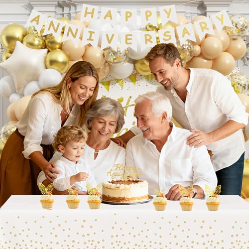 Happy Anniversary Decorations, 89pcs Wedding & Work Anniversary Party Decorations for Women Men, 50th 60th 30th 20th, Backdrop, Banner, Tablecloth, Foil & Latex Balloons, Cake Topper