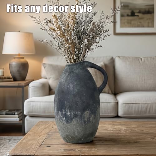 Rustic Ceramic Vase with Handle, 10.3 Inch, Terracotta Decor - color: Black