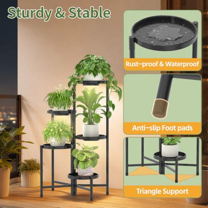 LASZOLA Plant Stand Indoor 10 Inch Large Tray With Lights, 5 Tier Black - color: Black with Light, size: 5 Tier