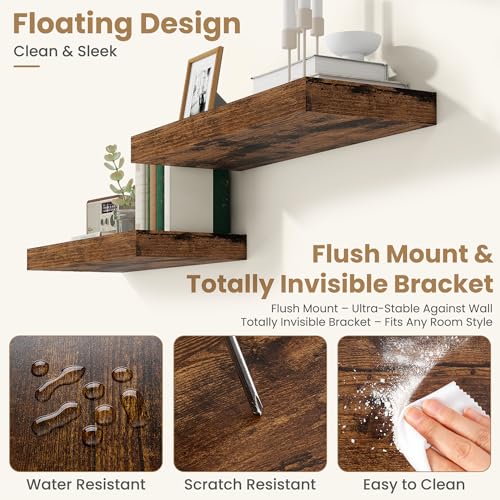 48 Inch Long Floating Shelves for Wall Set of 1, 12"D Wood Grain Shelves - color: Rustic Brown, size: 48"Wx12"Dx2"H, 1P