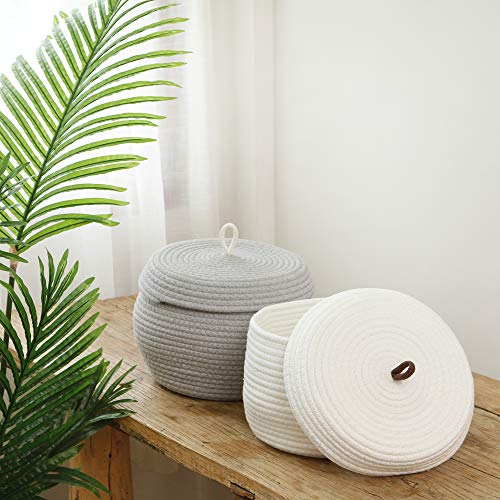 Sea Team Round Woven Cotton Rope Storage Basket with Lid, Gray, 2-Pack - color: Grey, size: Small/2-Pack