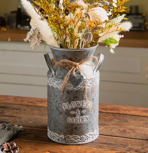 TIMRIS Vintage Galvanized Metal Milk Can, Farmhouse Decorative Flower & Garden Pitcher Vase, Rustic Milk Jug Vase for Flowers, 10.6’’H - size: 10.6 inch F&G Milk Can