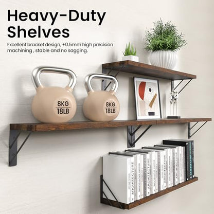 BAYKA 22.4 Inch Long Wall Mounted Floating Shelves (Rustic Brown, Set of 4) - color: C. Rustic Brown Board & Black Brackets, size: 22.4 inches Uniform