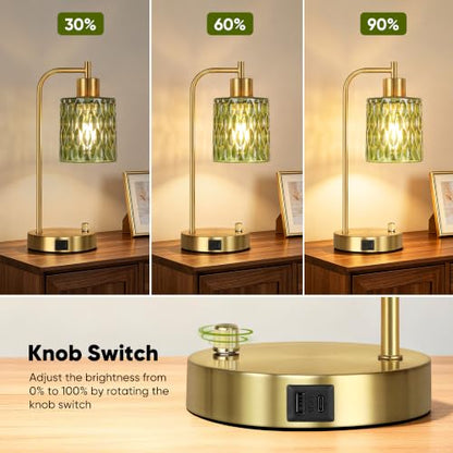 Table Lamps Set of 2, Green Glass Dimmable Bedside Lamps for Living Room - color: Gold&Green-3
