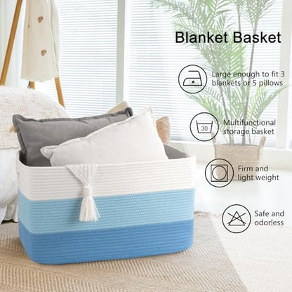 OIAHOMY Blanket Basket Laundry Basket Dog Toy Basket 75L Light Blue - color: Gradient Light Blue, size: 22”x17”x12”