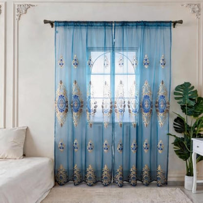 Amidoudou Rod Pocket Curtains European Luxury Sheer Embroidered Curtains for Living Room Bedroom (Blue,52" W x 96" L (Pack of 2)) - color: Blue, size: 52"W x 96"L (Pack of 2)