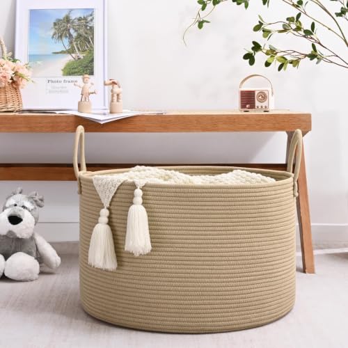 67L Large Woven Blanket Basket, Cotton Rope Baby Laundry Hamper with Handles, Kids Toy Basket for Classroom & Nursery, Soft Round Stuffed Animal Storage, Dog Toy Bin - 20"x13", Brown - color: Brown - W, size: Wide (20"D×13"H)