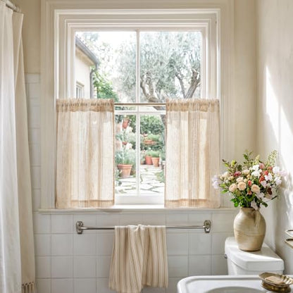 jinchan Linen Striped Tier Curtains for Kitchen Windows Boho - color: Boho Taupe | on Beige, size: 26"W x 24"L (Pack of 2)