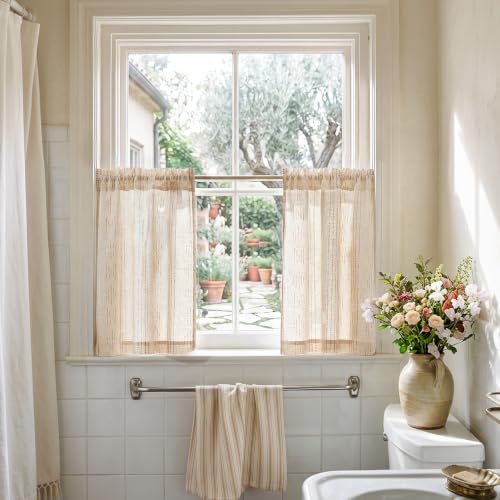 jinchan Linen Striped Tier Curtains for Kitchen Windows Boho - color: Boho Taupe | on Beige, size: 26"W x 24"L (Pack of 2)