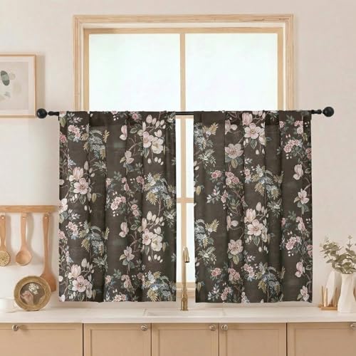 Aiyufeng Floral Kitchen Tiers Curtains 36 Inches Long, Breathable Soft Flower Patterned Rod Pocket Light Filtering for Bedroom Living Room Small Window Treatments, Each 30x36, Charcoal Brown - color: Charcoal Brown, size: 30"W x 36"L (Pack of 2)