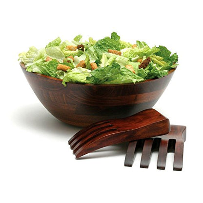 Lipper International Cherry Finished Wavy Rim Serving Bowl with 2 Salad Hands, Large, 13" x 12.5" x 5", 3-Piece Set - size: Large