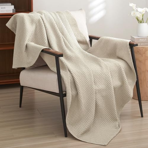 PHF 100% Cotton Waffle Throw Blanket Lightweight Breathable, Linen/Stone - color: Linen/Stone, size: Throw(50" x 60")
