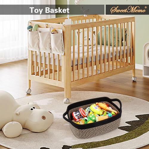 Gift Basket Empty with Handles, 12x8x5 inch - Small Woven Basket for Baby Nursery, Toys, Towels, Wedding, Birthday Gifting - With Gift Bag & Ribbon (Black Brown, 1PC) - color: Black and Brown, size: 1 Pack