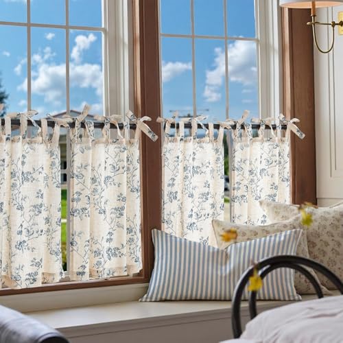jinchan Blue Floral Kitchen Tier Curtains Alisa 24 Inches Tie Top 2 Panles - color: Alisa Blue on Linen, size: 26"W x 24"L (Pack of 2)