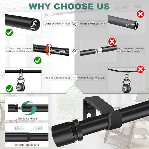 Ottsuls Curtain Rods for Windows, 32 to 60 or 71 Inches Max Adjustable Length, 1 Inch Diameter, Black Decorative Curtain Rod Set, Rustproof Heavy Duty Metal Pole with Brackets - size: 32" to 60"