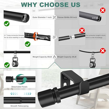 Ottsuls Curtain Rods for Windows, 32 to 118 or 129 Inches Max Adjustable Length, 1 Inch Diameter, Black Decorative Curtain Rod Set, Rustproof Heavy Duty Metal Pole with Brackets - size: 32" to 118"