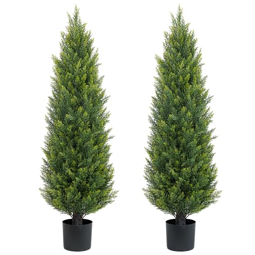 Two 4ft Artificial Topiary Tree Fake Bushes Potted Plants UV Resistant Faux Cedar Trees Artificial Outdoor Shrubs for Front Porch Garden