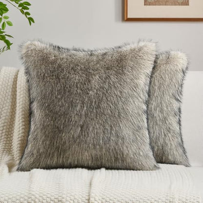 FUTEI Pack of 2 Faux Raccoon Fur Throw Pillow Covers 45 x 45 cm, Apricot - color: Apricot