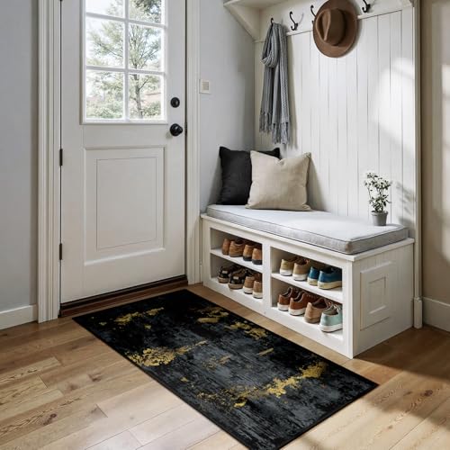 RELEANY Washable 2'x5' Abstract Area Rug for Living Room Black Gold - color: Black/Gold, size: 2' x 5' (Rectangular)