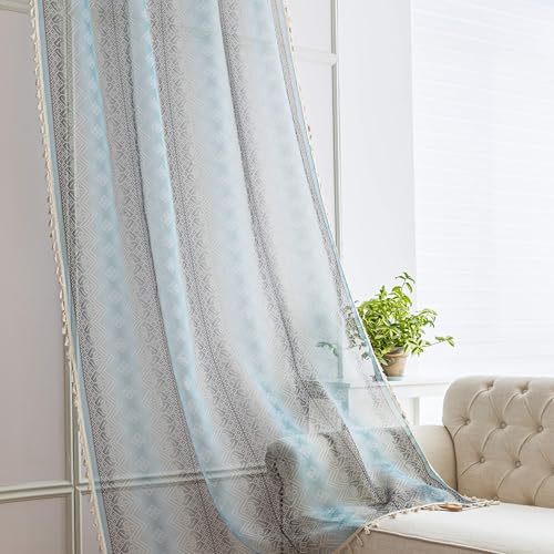 Turquoise Geometric Sheer Curtains 54 inch Long, Fringed Edges and Textured Semi Sheer Curtains Large Window Treatments for Living Room/Bedroom, 2 Panels - color: Turquoise Geometry, size: 52"W x 54"L (Pack of 2)