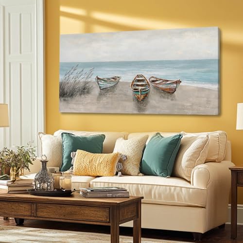 Coastal Boat Canvas Wall Art Beige Blue for Living Room 24x48 Inch - color: Blue and Brown, size: 48"L x 24"W