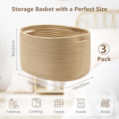 ECDYQXVU 15x10x9 Inch Woven Cotton Rope Storage Basket, 3 Pack - color: Jute/Brown, size: 3 Pack