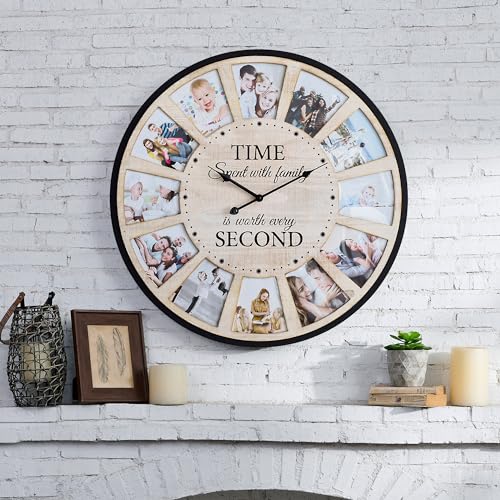 12 Picture Frames Collage Wall Clock, Vintage Rustic Family Photo Clock, Large Farmhouse Wall Clocks for Living Room, Home, Kitchen, Silent Battery Operated 24 Inch Natural - color: A - Natural