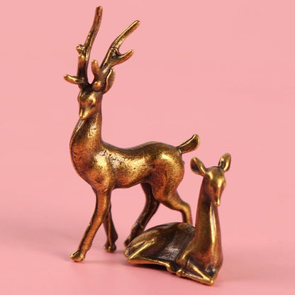 2PC Handcrafted Brass Deer Statues, Small Collectible Decorative Animal Sculptures for Miniature Indoor Decor
