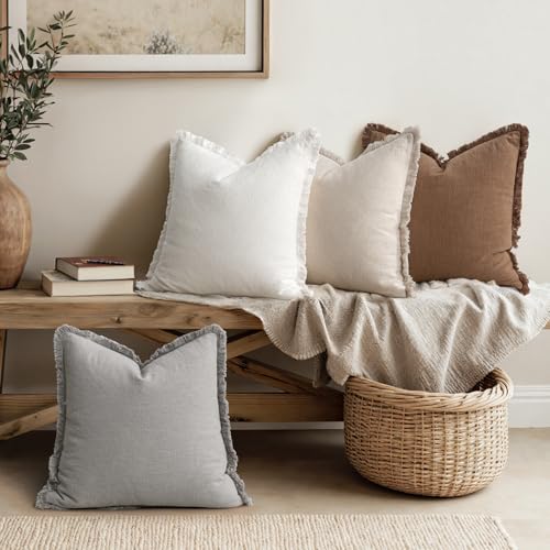 MIULEE Fall Linen Fringe Pillow Covers Set of 4 18x18 Beige/Brown/Grey - color: Neutral, size: 18" x 18" (Pack of 4)