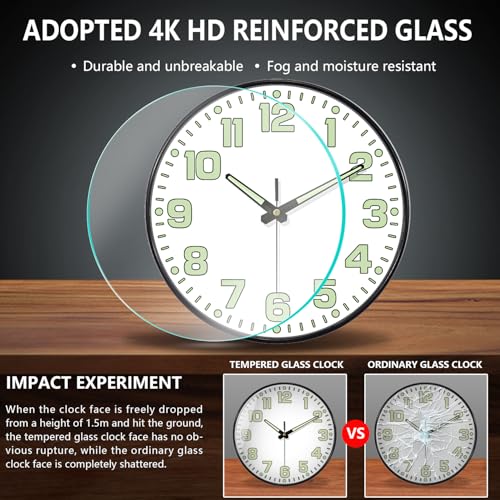 Glow in the Dark Wall Clock Non Ticking, 10 inch Silent Wall Clocks Battery Operated, Large Number Tempered Glass, Round Night Light Analog Clock for Bedroom Living Room Kitchen Office, White - color: White Green, size: 10 Inch