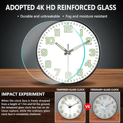 Glow in the Dark Wall Clock Non Ticking, 10 inch Silent Wall Clocks Battery Operated, Large Number Tempered Glass, Round Night Light Analog Clock for Bedroom Living Room Kitchen Office, White - color: White Green, size: 10 Inch