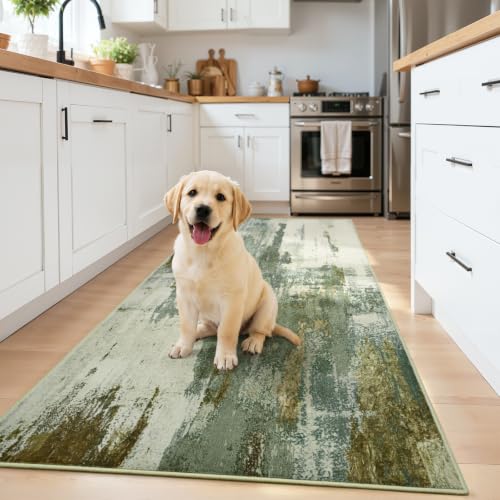 Kelarea Washable Runner Rug 2x6, Non-Slip Low Pile Abstract Green - color: Green, size: 2' x 6' (Rectangular)