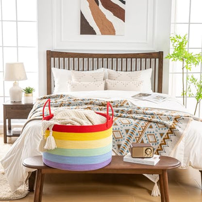 KAKAMAY Large Blanket Basket with Handles, Storage Basket for Living Room - color: Rainbow