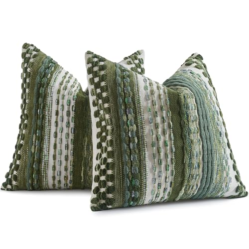 AmHoo Set of 2 Chenille Tufted Striped Textured Boho Throw Pillow Covers Aesthetic Woven Decorative Pillow Case for Couch Bed Sofa Bedroom Modern Funky 18 x 18-Inch Sage Green - color: Sage Green, size: 18" x 18" (Pack of 2)