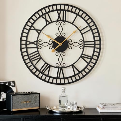 30" Large Wall Clock Decorative for Living Room, Black Metal Roman Numeral Big Clock Completely Silent, Oversized Wall Clocks Battery Operated for Kitchen, Bedroom, Fireplace - size: 30 inch