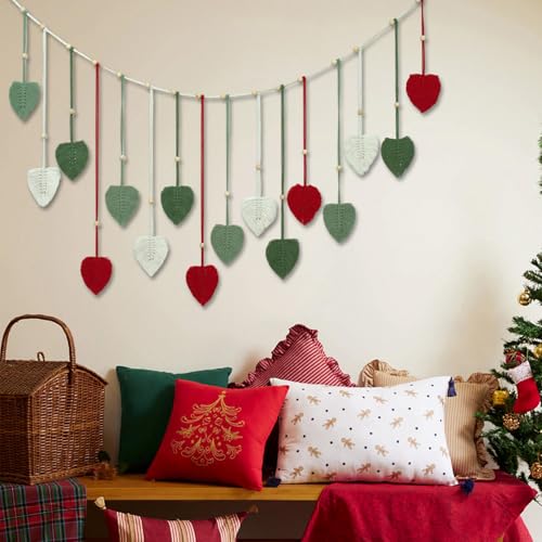 EOBTAIN Macrame Leaf Wall Hanging Large,Boho Red and Green Leaves Woven Tapestry Christmas Home Decor,Handcrafted Tassels Textile Feather Wall Art Decor for Nursery Living Room Bedroom Chic Decoration - color: Red