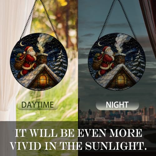 Winter Christmas Suncatcher Stained Glass Window Hanging, Winter Santa Claus Xmas Sun Catchers Indoor Window Glass Round Wall Decor, Vintage Christmas Wall Art Hanging Decorations, 7.8x7.8in - color: Chimney