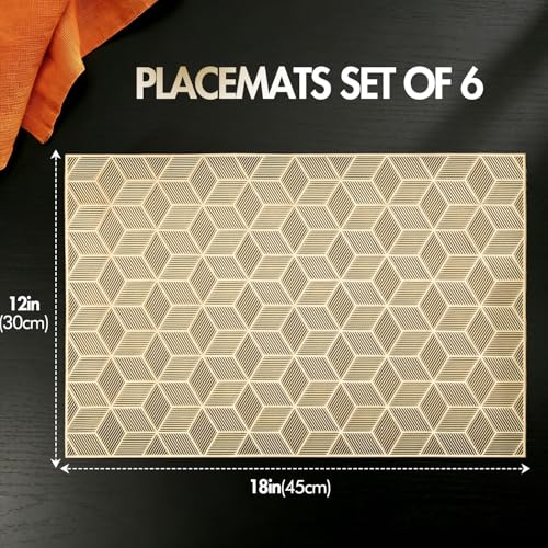 Quantum Love Geometric Gold PVC Placemats Set of 6 Heat Resistant Non-Slip Washable Dinning Kitchen Table Mats, Wipeable Square Cube Place Mats for Party Events Restaurant Wedding Home - color: Gold Cube