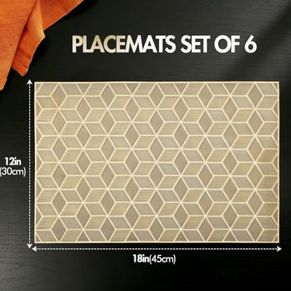 Quantum Love Geometric Gold PVC Placemats Set of 6 Heat Resistant Non-Slip Washable Dinning Kitchen Table Mats, Wipeable Square Cube Place Mats for Party Events Restaurant Wedding Home - color: Gold Cube