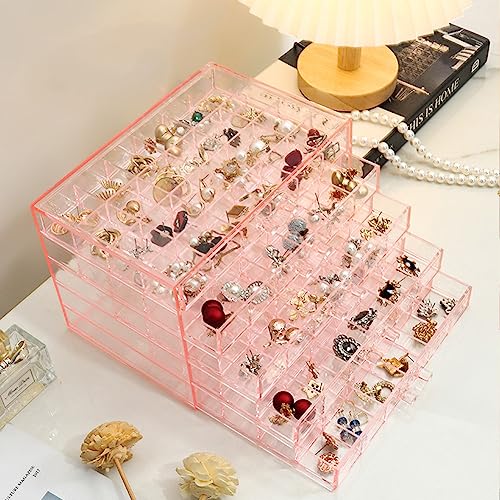 YUFONG Earring Storage Box Organizer 5 Drawers with 120 Small Compartments - color: Clear Pink