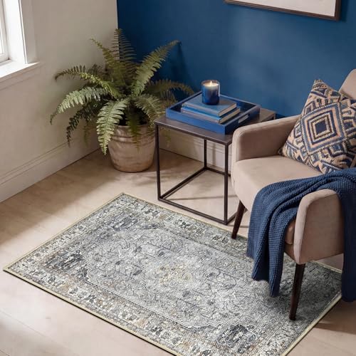 Keen Home Design Vintage Washable Entryway Rug, Non-Slip Low Pile, 2x3 - color: Smoke Grey/ Cold Green, size: 2' x 3' (Rectangular)