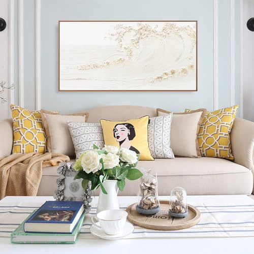 Framed Wall Art Wall Decor Nature Decor Canvas Hand Painted White Wave With Golden Embellishments Artwork Painting Picture For Living Room Bedroom Living Room And Office Wall Decor 24x48 Inch - color: White, size: 48"L x 24"W