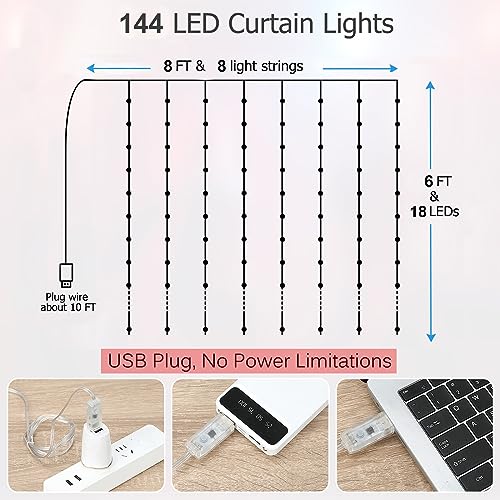 Fairy Curtain Lights USB Plug-in,8ft x 6ft 144 LED Twinkle Lights - size: 144-LED Warm White 8ft x 6ft