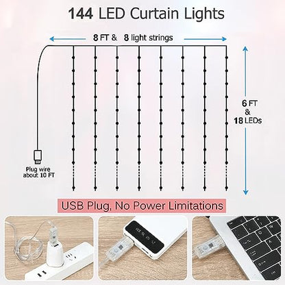 Fairy Curtain Lights USB Plug-in,8ft x 6ft 144 LED Twinkle Lights - size: 144-LED Warm White 8ft x 6ft
