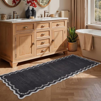 GarveeHome 2.5x10 Scalloped Washable Runner Rug Long Hallway Kitchen Rug - color: Black, size: 2'6" x 10' (Rectangular)