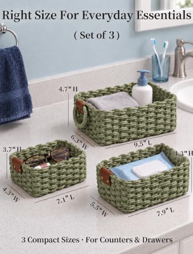 Small Wicker Baskets, 3 PCS Paper Rope Baskets for Shelves, Green - color: Green
