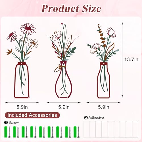 Embewhis Metal Wall Art Flowers 3pcs, Rustic Farmhouse Flower Sculptures, 13.7" Wall Art Decor, Drill-Free Install Option for Living Room, Kitchen, Bedroom & Bathroom - size: C